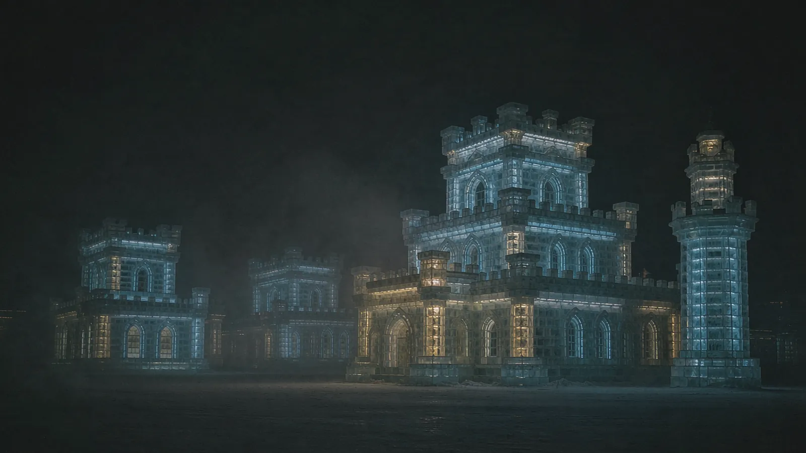 Esculturas de gelo iluminadas em Harbin durante a noite de inverno