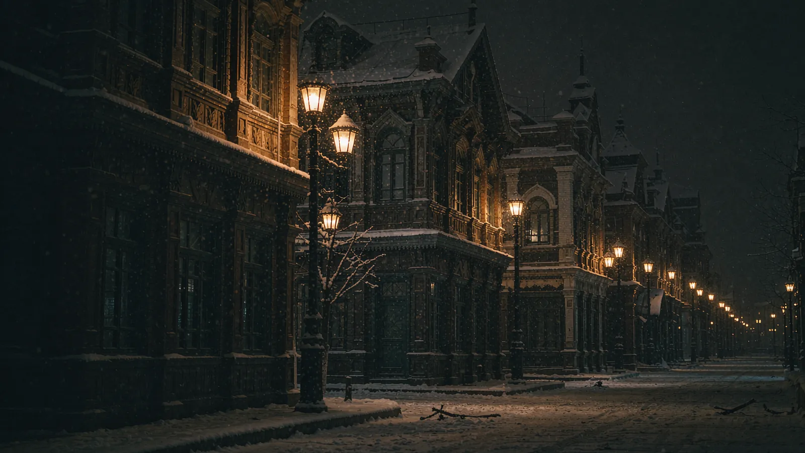 Rua coberta de neve em Harbin com edifícios iluminados, ao anoitecer