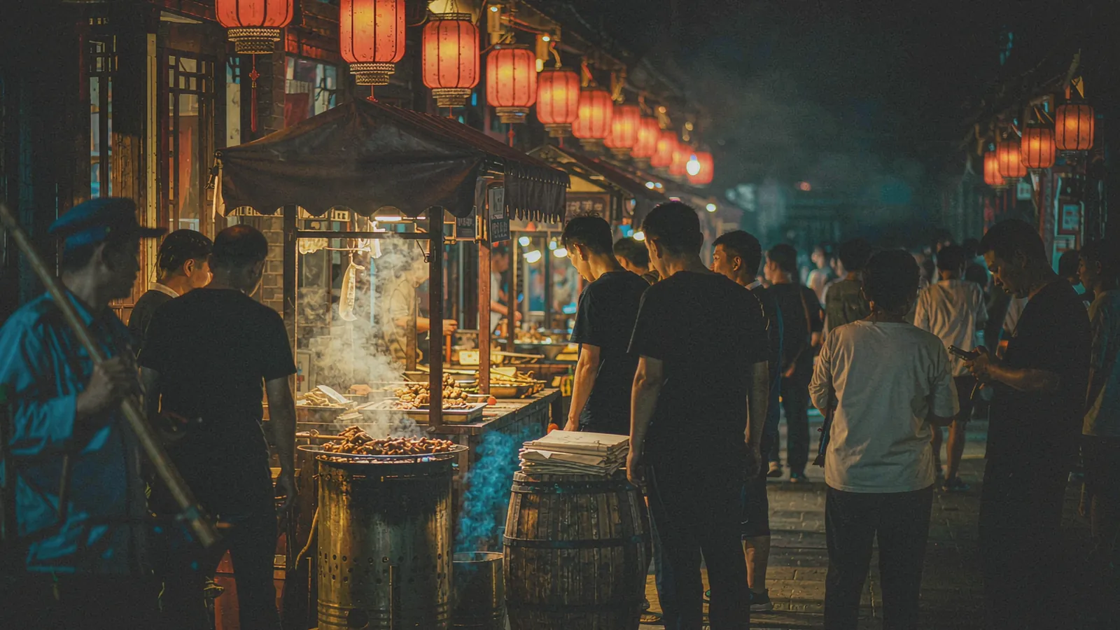 Avenida arborizada em Xi'an com bancos à sombra, ao final da tarde