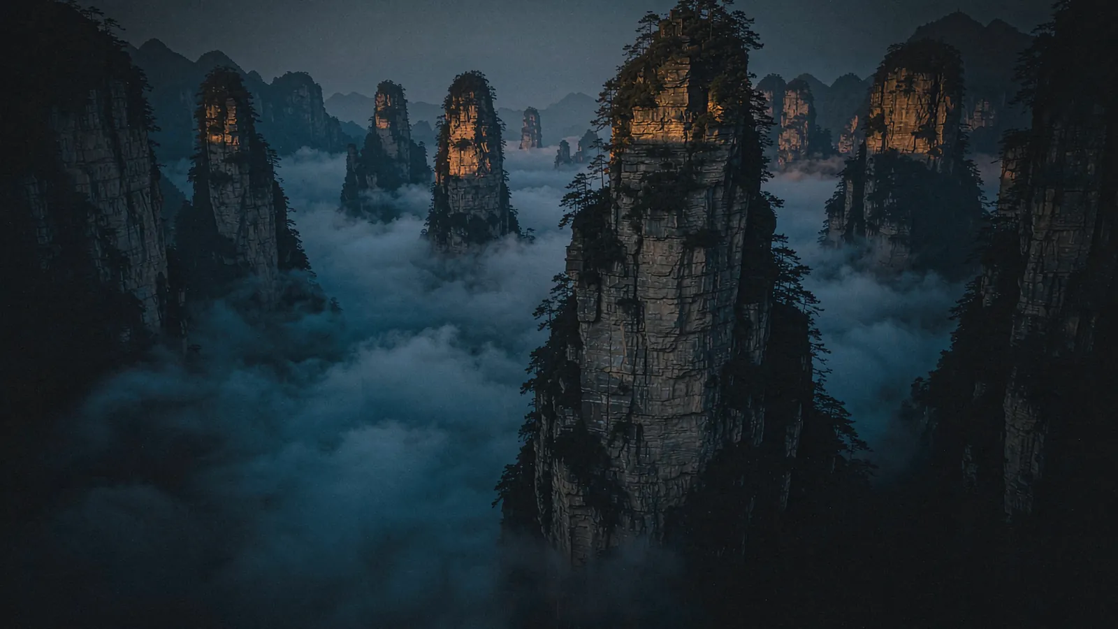 Pilares de arenito de Zhangjiajie a emergir das nuvens, vistos de um miradouro, de manhã