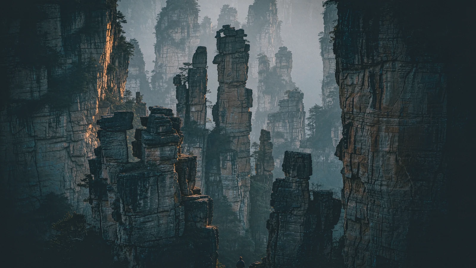 Pilares de arenito de Zhangjiajie se erguendo da floresta, com nuvens baixas entre as colunas