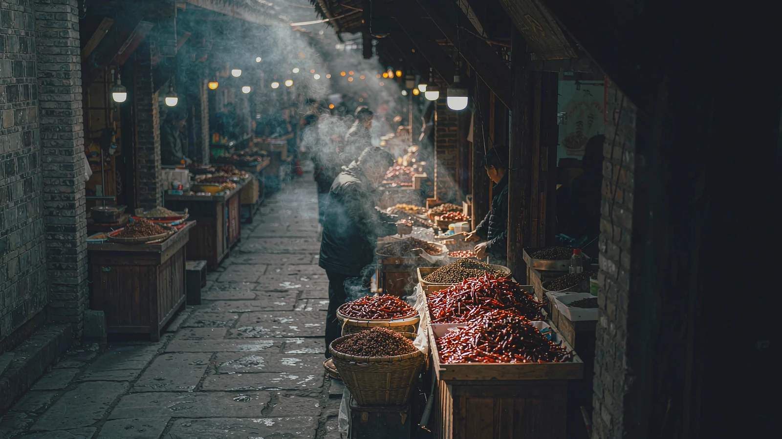 Chilli and spice stall in a Chengdu market, jars of red chilli paste lined up