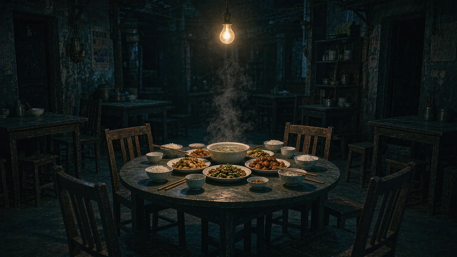 A table laid in the courtyard of an old Shanghai neighbourhood, shared dishes in the middle