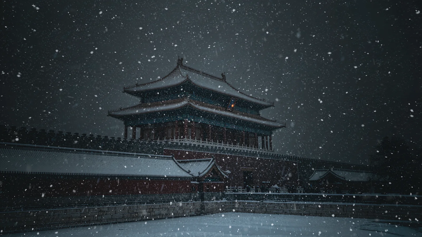 Torre de canto da Cidade Proibida com os telhados cobertos de neve e o fosso congelado em frente