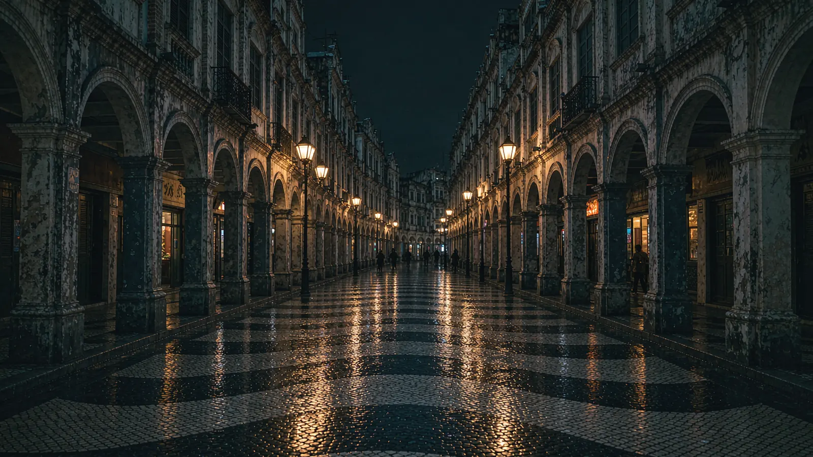 Rua de Macau com calçada portuguesa em ondas, sobrados de portas estreitas e letreiros em chinês e português