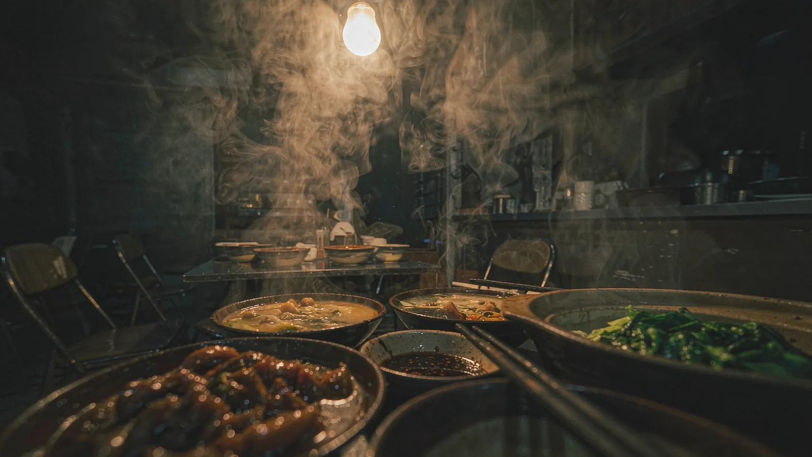Banca de comida de rua em Xi'an ao anoitecer, com vapor a subir das panelas