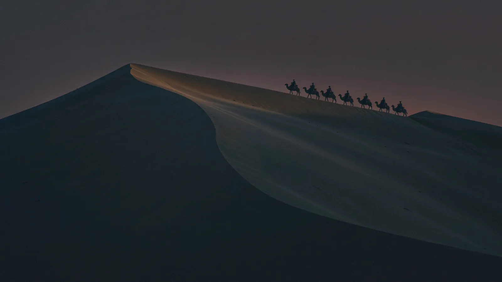 Dunas e caravana de camelos no corredor de Gansu ao final da tarde